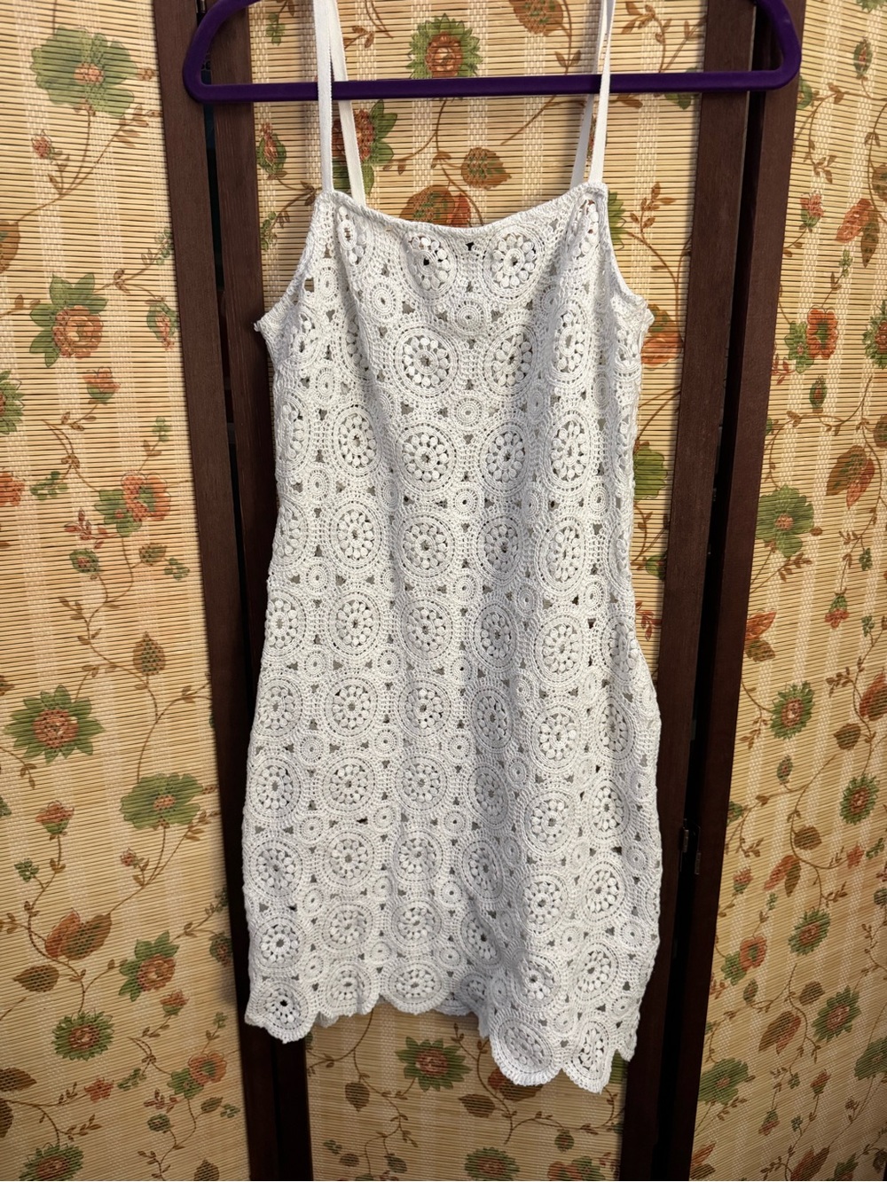 White Crochet Mini Dress with Spaghetti Straps